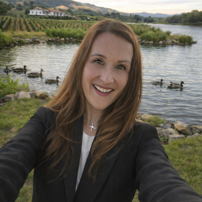 Angela with a small lake in background